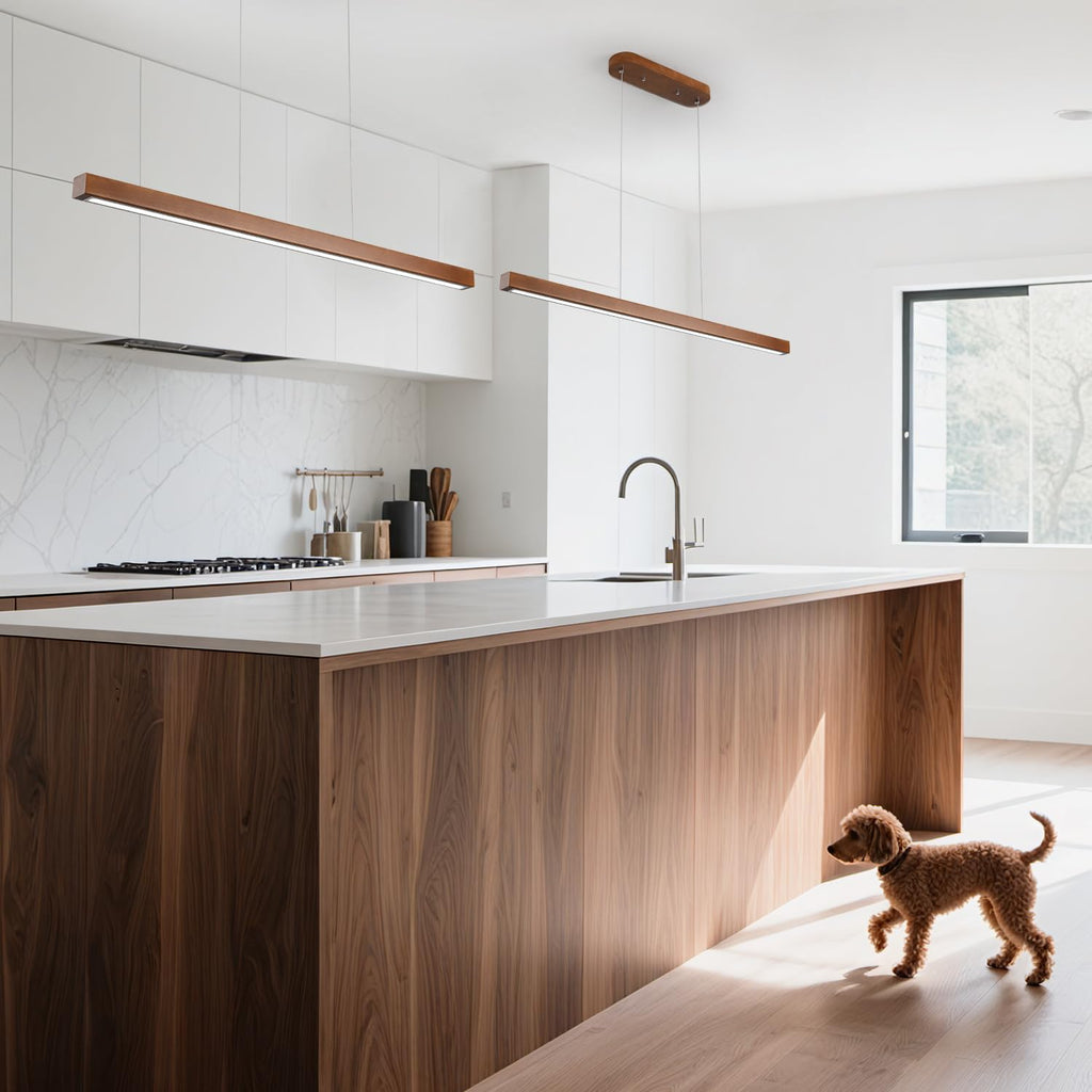 39 Inch Wood Linear Pendant Light Dimmable LED Kitchen Island Lighting with Remote Adjustable Hanging Chandelier Bar