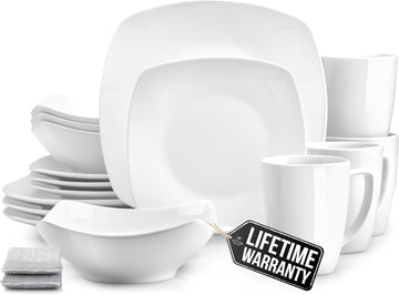 Luna Plates and Bowls Sets, 16 Piece Modern Porcelain Dish Set for 4, Chip and Scratch Resistant Square Dinnerware Set