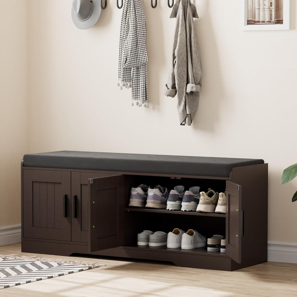 2-Tier Storage Bench, Shoe Bench with Thickened Padded Seat Cushion, Entryway Bench with 4 Doors, Adjustable Shelf