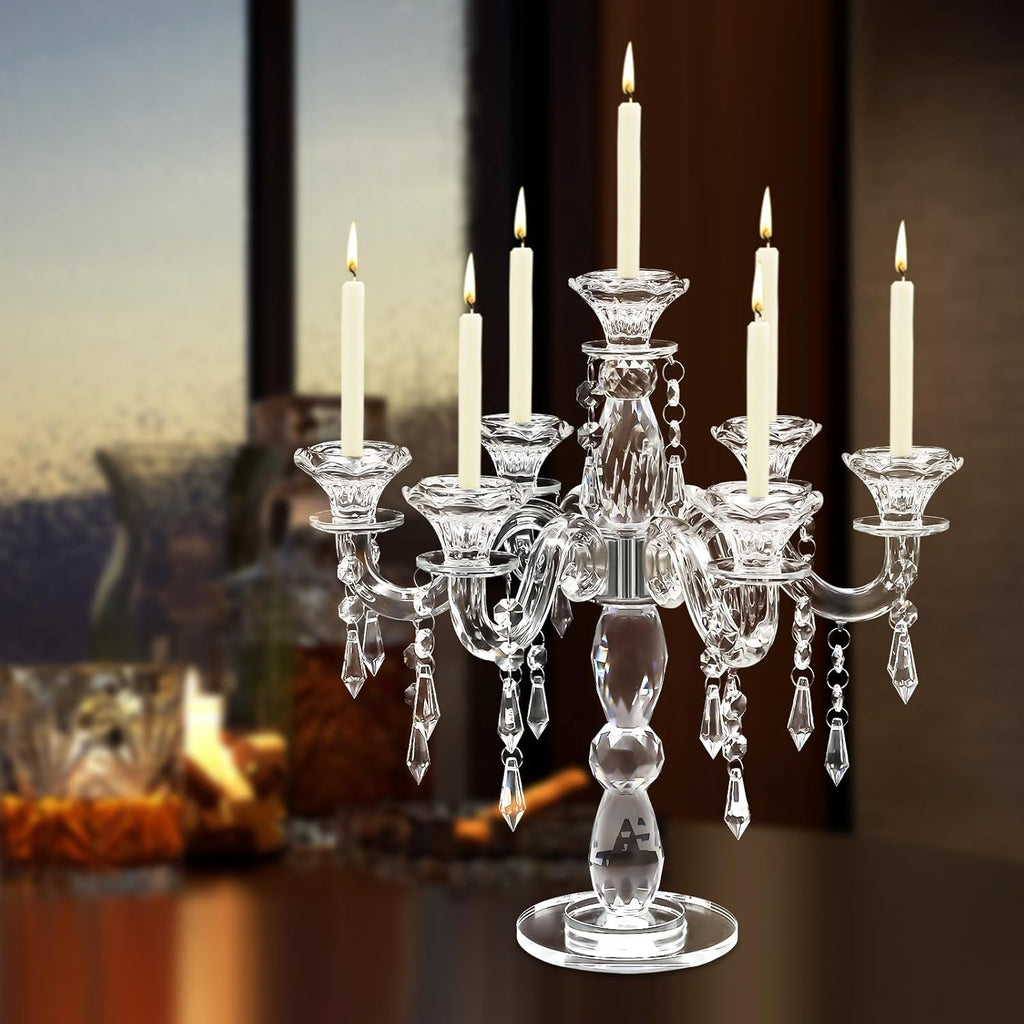 7-Arm Crystal Candle Holder, 14'' Crystal Candelabra with Crystal Pendant, Elegant Crystal Candelabra Candlestick Holder