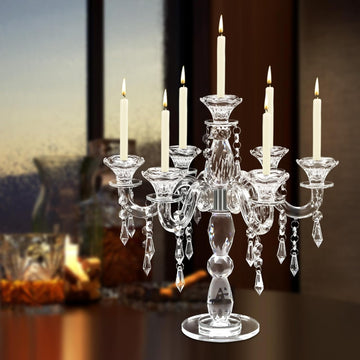 7-Arm Crystal Candle Holder, 14'' Crystal Candelabra with Crystal Pendant, Elegant Crystal Candelabra Candlestick Holder