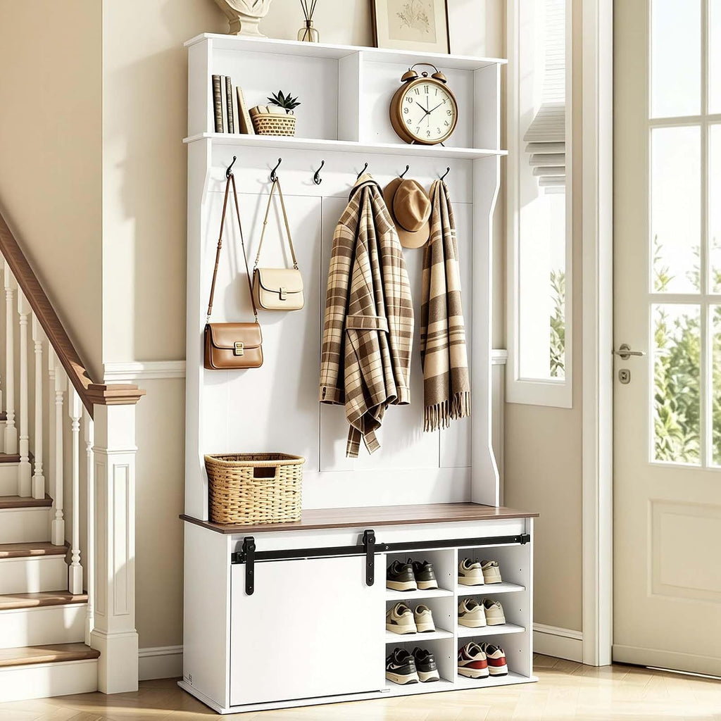 Hall Tree with Bench and Shoe Storage, 42" Wide, Entryway Hall Tree with Bench, Hanging Hooks, Storage Shelves