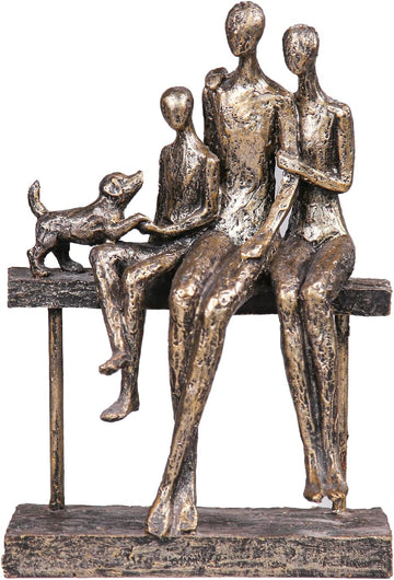 Resin Family Decorative Statue - 3-Person with Pet Dog on Bench, Warm Home Decoration or Desk, Tall 9.84in