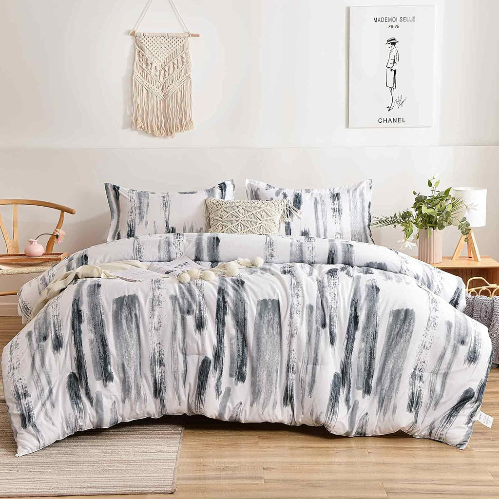 Queen Comforter Set 3pc, Art Grey White Printed Pattern Reversible Down Alternative Microfiber Bedding - All Season