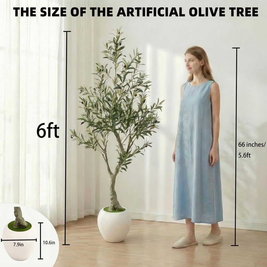 6ft Faux Olive Tree Artificial Indoor, Fake Olive Tree with Pot, Large Olive Branches and Lifelike Fruits, House Living