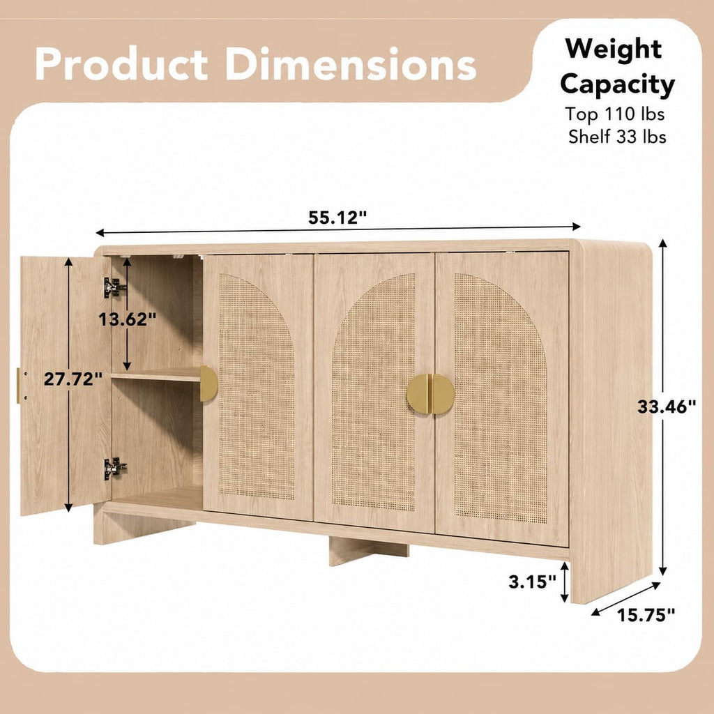Rattan Sideboard Buffet Cabinet with Storage, 55" Accent Cabinet with Arch Doors & Adjustable Shelves