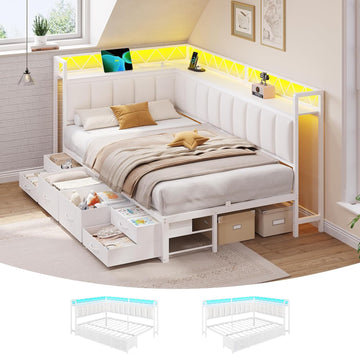 Twin Corner Bed Frame with 6 Storage Drawers and Upholstered Guardrail, Charging Station Twin Size Platform Bed Frame