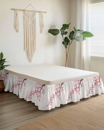 Cherry Blossom Bed Skirt 16 Inch Drop, Adjustable & Elastic Wrap Around Bed Skirts Pleated Luxury Dust