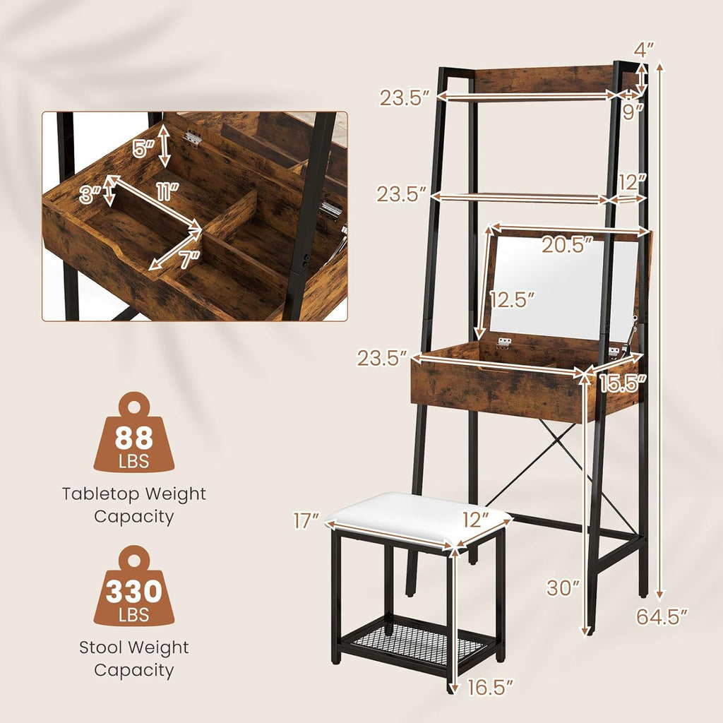 Vanity Desk Set with Flip-up Mirror, Ladder Vanity Table and Cushioned Stool Set w/ 4 Storage Compartments, Small