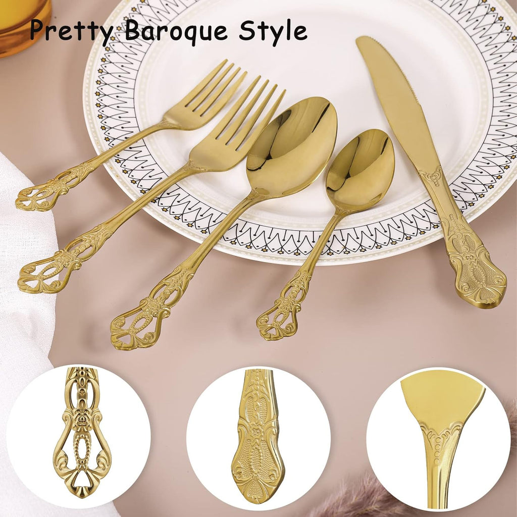 Gold Silverware Set for 8, Stainless Steel Gorgeous Retro Royal Flatware, 40-Pieces Cutlery Tableware
