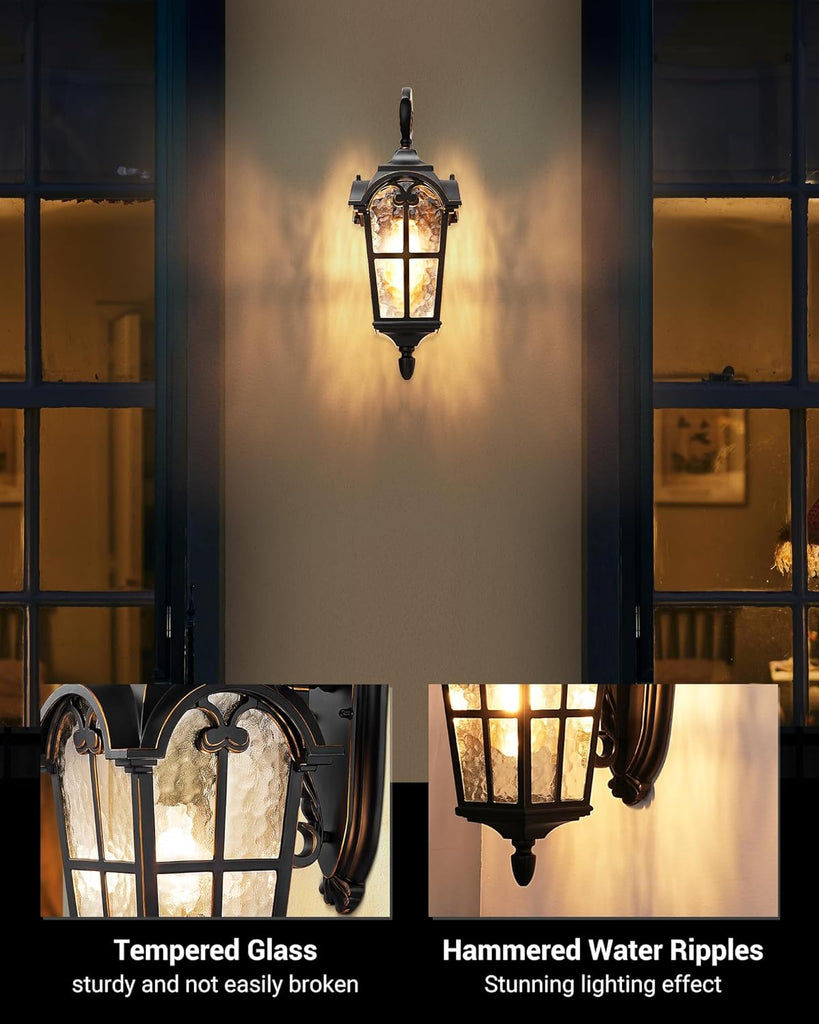 Outdoor Wall Light Fixtures, Black Roman 17.7" H Exterior Wall Lantern, Anti-Rust & Waterproof, Water Ripple Glass