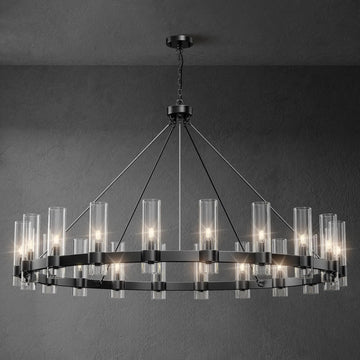 Inspired Ravelle Style Black Round Chandelier,20-Lights Wagon Wheel Chandelier with Glass Shade, 60 Inch Large Round Industrial High Ceilings Pendant Lighting Fixture for Dining Room, Living Room, Kitchen Island