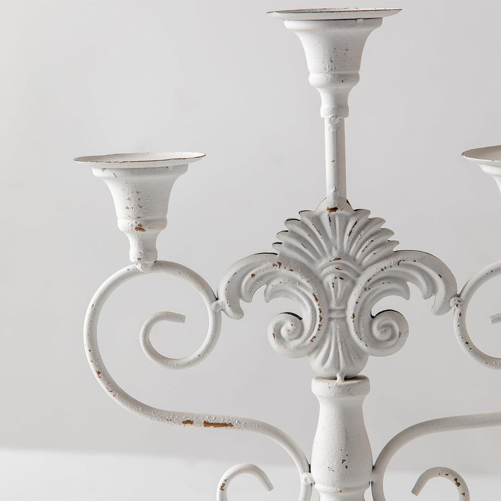 Pillar Candle Stand 3 Arm Candelabra Iron White Candle Holders Centerpiece, Rustic Classy Candlestick Holder 15 Inch