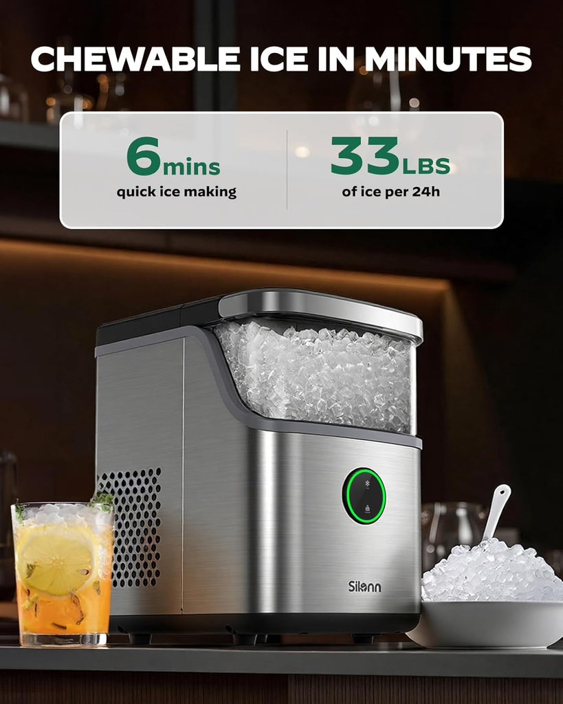 Nugget Ice Maker Countertop, Ice Basket with Handle, Quiet Operation & Self Cleaning Ice Machine, Chewable Ice, 33