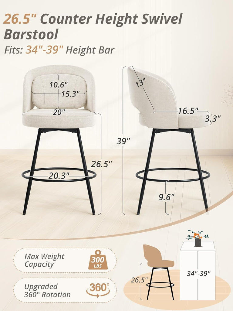 26''H Swivel Bar Stools Set of 2, Counter Height Bar Stools with Backs, Lumbar Pillow and Black Metal Frames