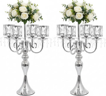 Silver Candelabra Centerpieces for Tables - 5 Arm Crystal Pendant Candle Holders, Elegant Metal Table Centerpieces