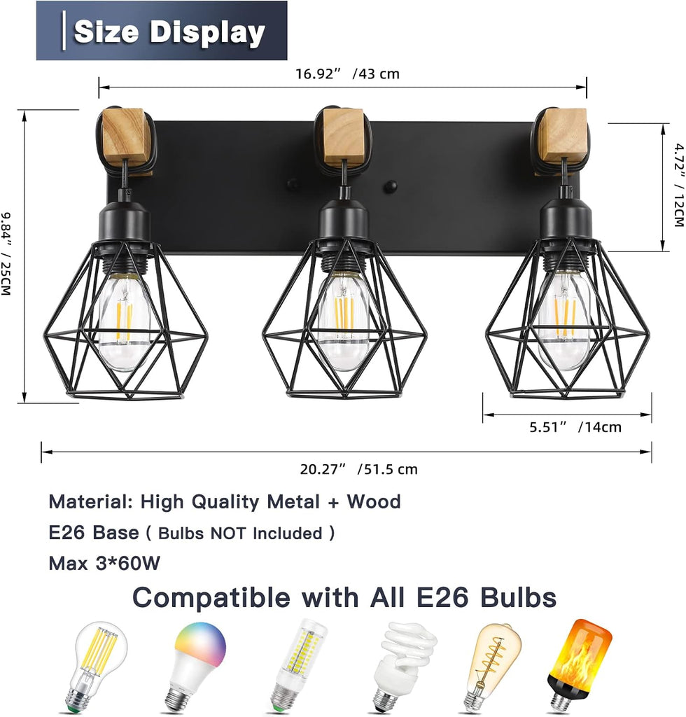 3 Light Bathroom Vanity Light, Farmhouse Black Fixture Over Mirror | Farmhouse Bathroom Light Fixtures, Wood & Metal