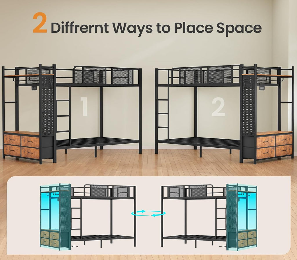 Metal Bunk Bed Twin Over Twin with Hall Tree, Power Outlet, LED Bunk Bed with 4 Storage Drawers