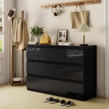 6 Drawer Dresser , 47" Wide Black Wood Chest for Storage | Multi-Functional Storage Organizer, Modern High Gloss