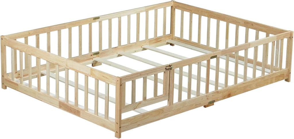 Full Size Montessori Floor Bed with Slats, Door and Guardrails, Natural | Low Profile Montessori Bed with Fence, Easy