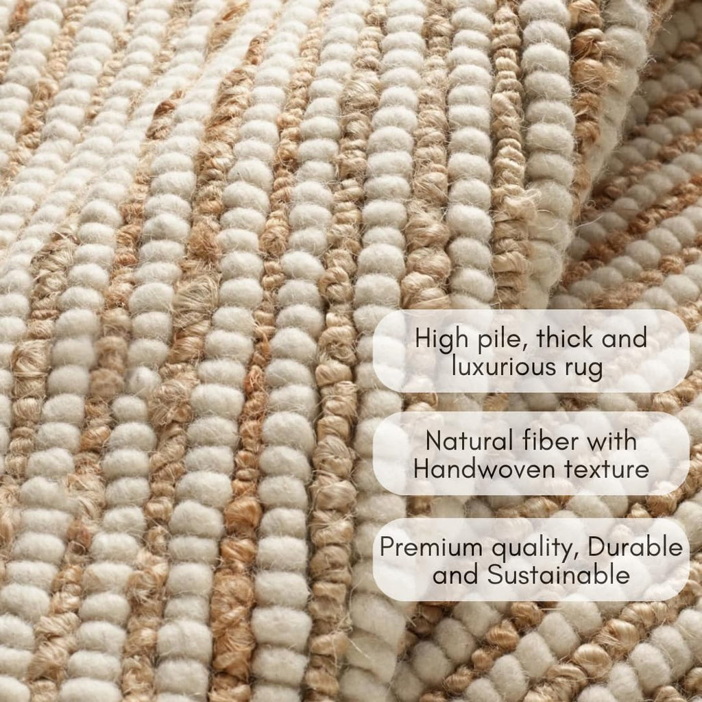 Area Rug 2x3 feet - Premium Wool and Jute Blend Handwoven Rugs - Natural Fiber Chunky Stripe Design 