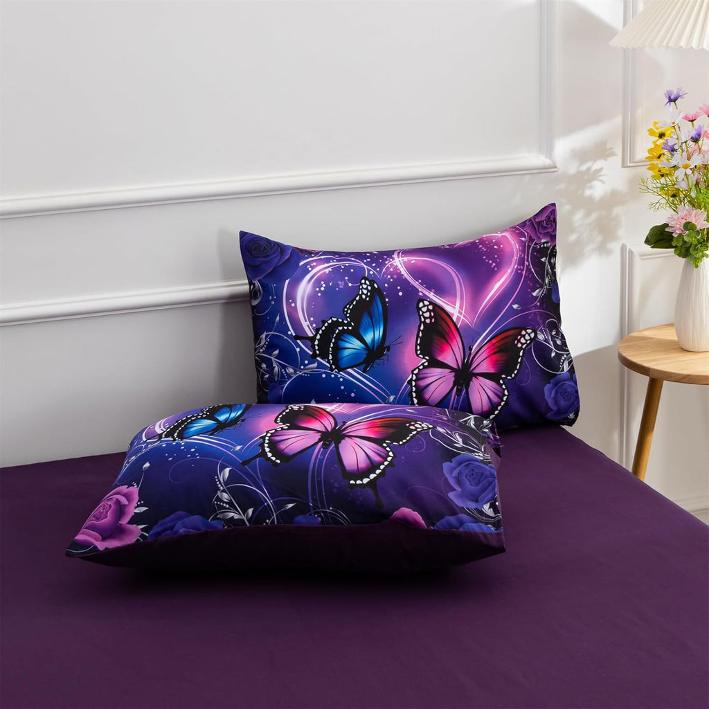 A Nice Night Galaxy 6pcs Bed in a Bag Purple and Blue Dreamy 3D Butterfly Printed