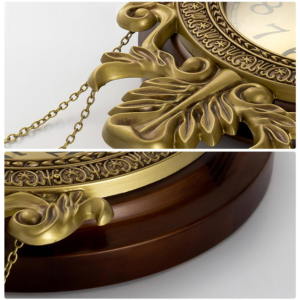 Large Wall Clock with Pendulum, Real Wood Retro Style, Battery Operated, Vintage Royal Decor Living Bedroom