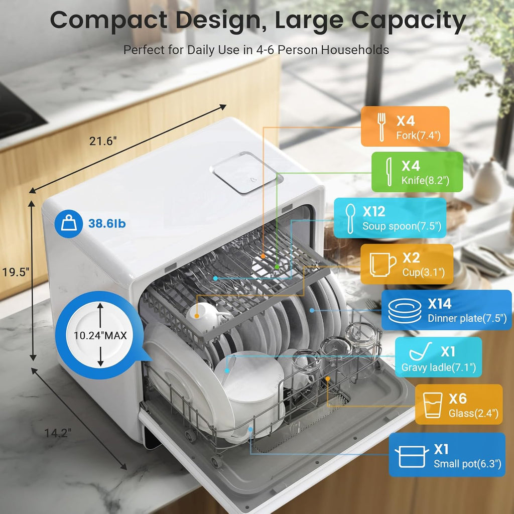 WiFi Countertop Portable Mini Dishwasher, Smart 9 Programs,167℉ High-Temp, Hot Air Drying, Air Refresh, 360° 3 Spray