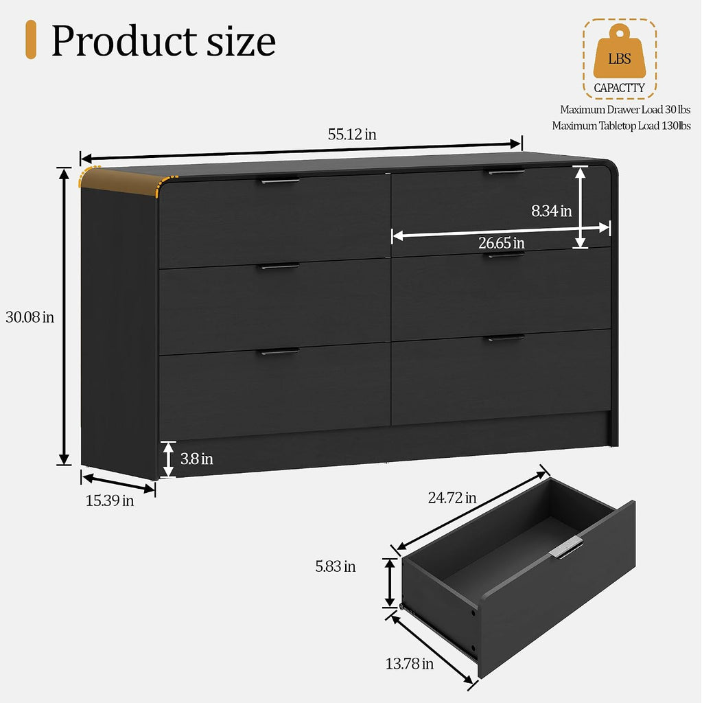6-Drawer Dresser , 55" Wide Wooden Chest of Drawers Modern Dressers & Chests of Drawers