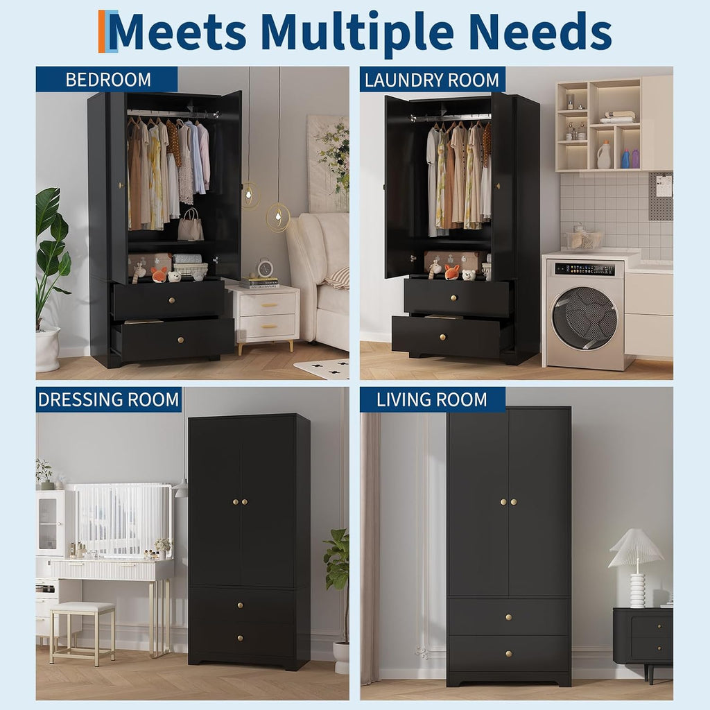 71" Armoire Wardrobe Closet, Modern Wooden Bedroom Armoire with 2 Drawers & 2 Doors and Adjustable Shelves,Clothing