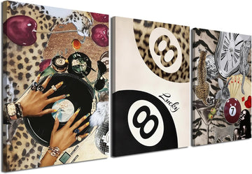 Fashion Cheetah Wall Art Set of 3 Leopard Wall Decor Pictures Lucky 8 Ball Poster Canvas Painting Prints Dark Red