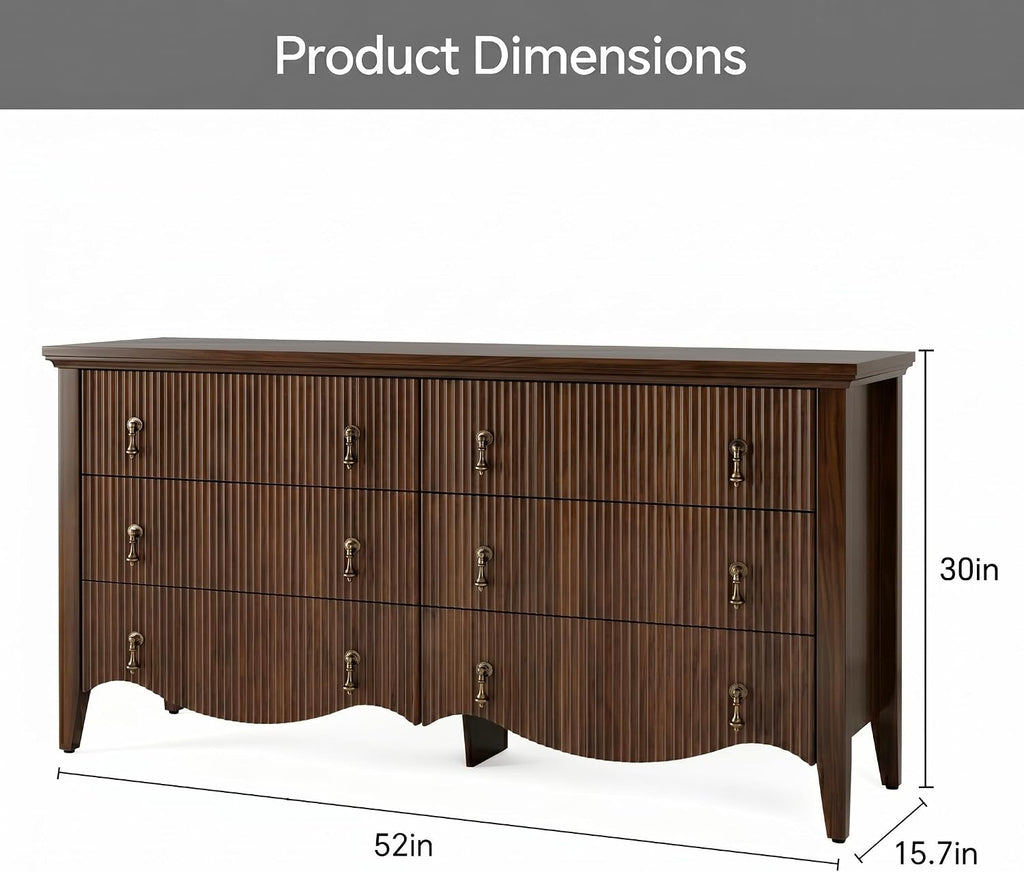 6-Drawer Fluted Dresser, Wide Double Chest of Drawers,Walnut | Fluted Design, Horizontal Chest of Drawers