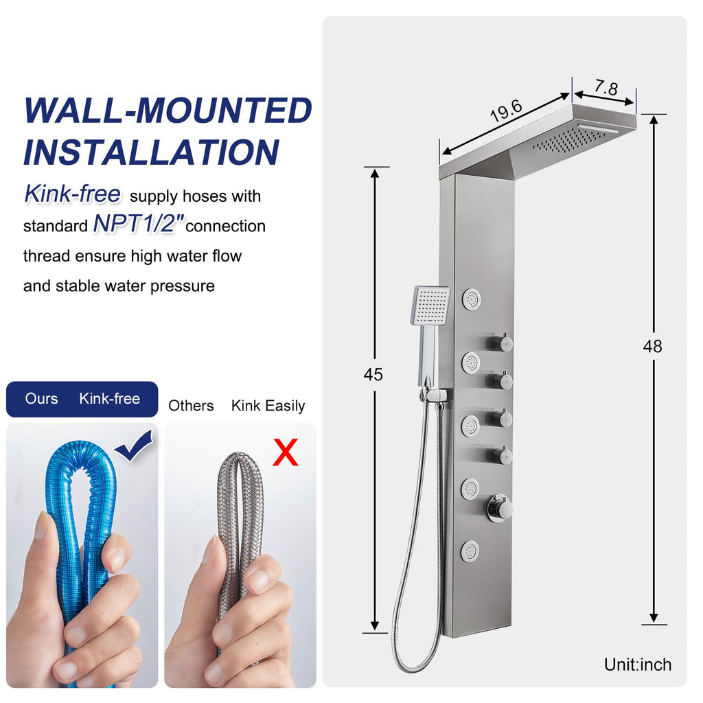 4-in-1 Rainfall Waterfall Shower Panel Tower System, Brushed Finish