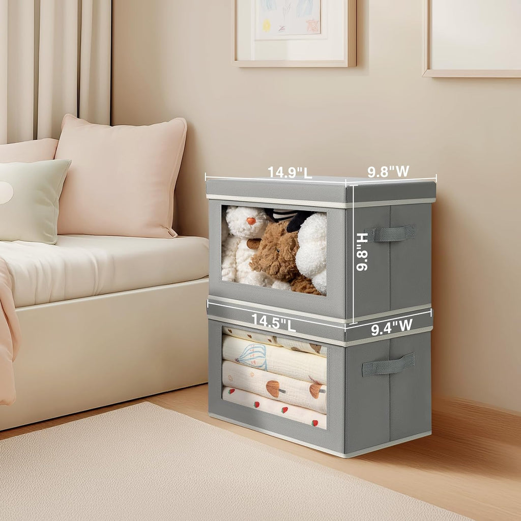 Storage Bins with Lids - Fabric Closet Storage Bins with Window, Collapsible Baskets for Shelves 4 Pack, Home