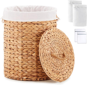 Round Water Hyacinth Laundry Hamper with Lid Handwoven Wicker Basket with Handles for Dirty Clothes, Storage, and