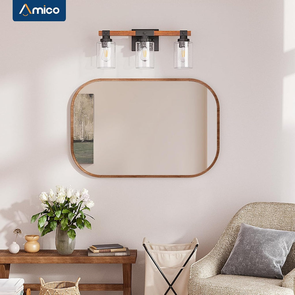 3-Light Farmhouse Bathroom Vanity Light, Seeded Glass, Black & Wood | Bubble Glass Shade Wall Sconce, Over Mirror