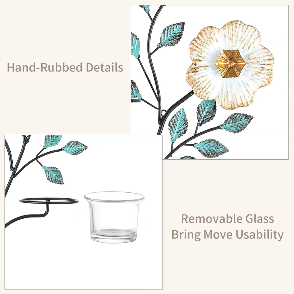 Candle Sconces Wall Decor: Wall Candle Holder with 6 Glass Cups for Tealight - Colorful Metal Flower and Leaf Sconces