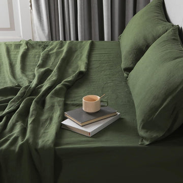 Green Linen Sheets California King - 100% Washed French Flax Organic Linen, Cooling Sheets Set for Hot Sleepers (1