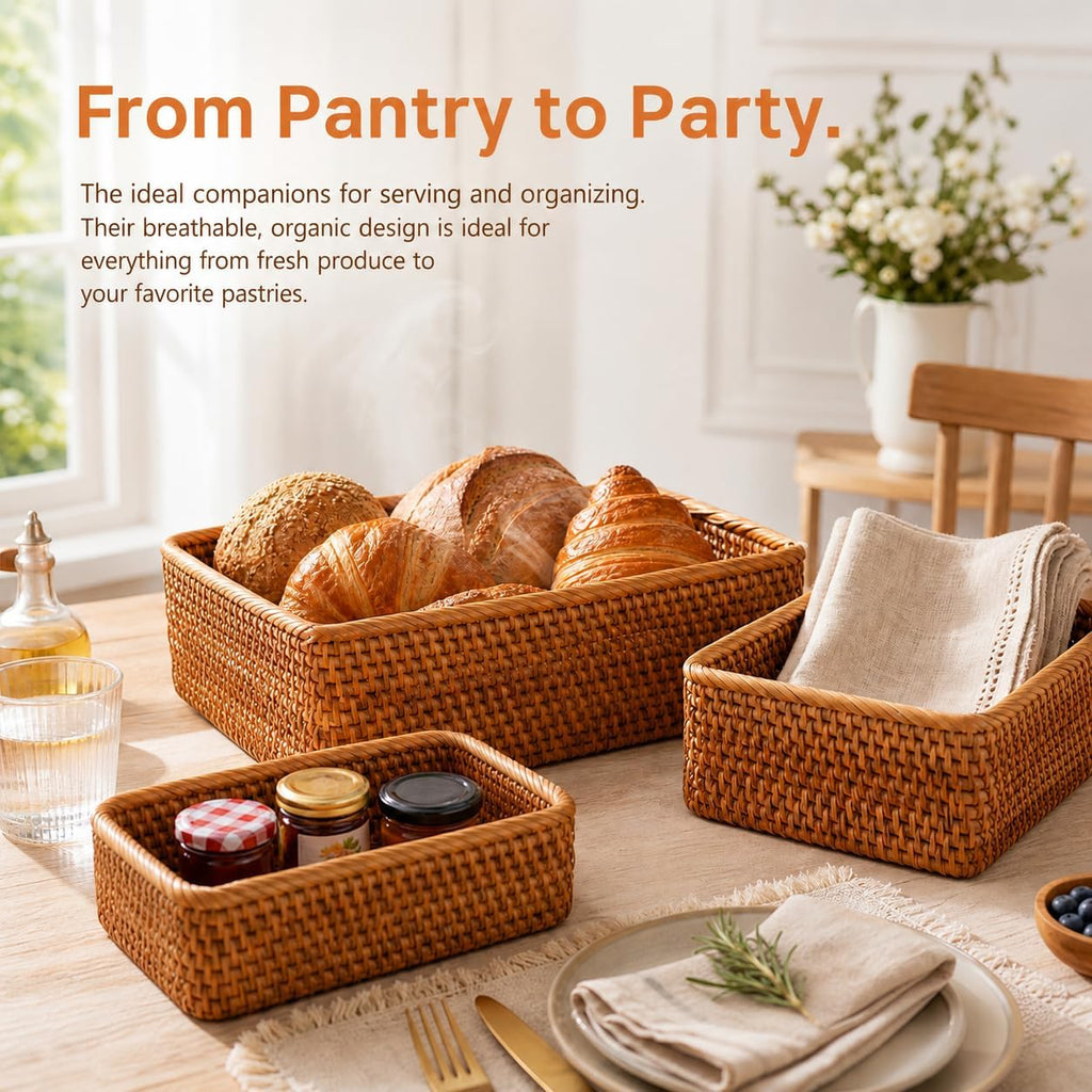 3 Pack Natural Rattan Storage Baskets, Rectangular Woven Fruit Baskets for Decor, Handmade Woven Nesting Bread