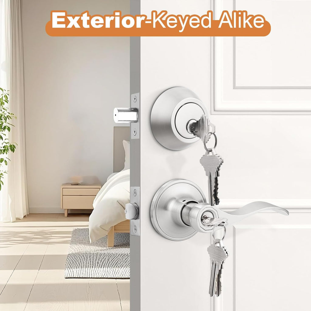 Entrance Door Lever Deadbolt Sets Drop Style Entry Door Handle Set with Single Cylinder Deadbolt in Satin Nickel