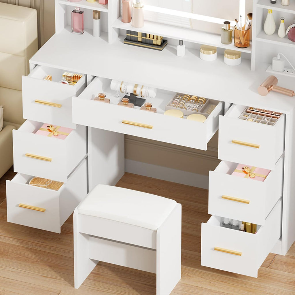 39.4" White Vanity Desk with Lighted Mirror & Adjustable Lights | Girls Makeup Vanity Set with Charging