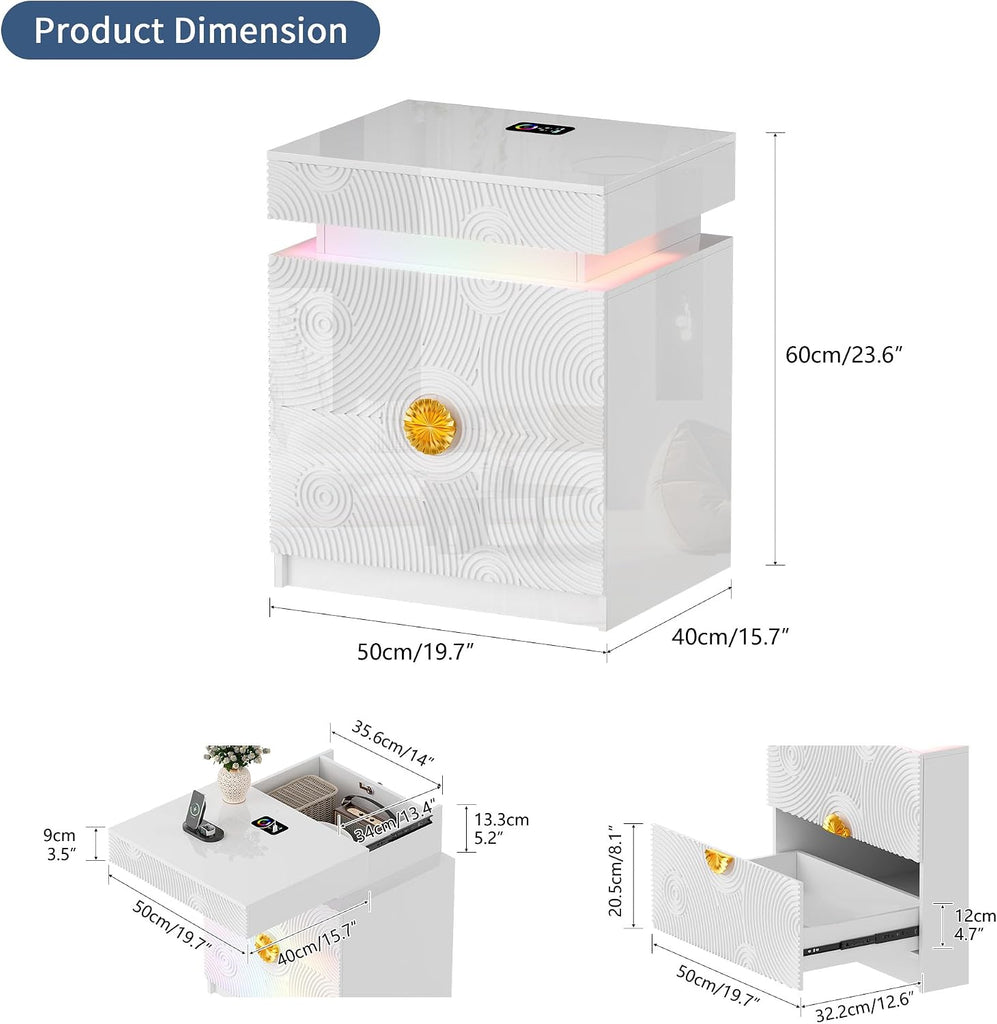 LED Nightstand with RGB Light and Lockable Hidden Drawer ,White | Night Stand with 2 Drawer, Smart Bedside Table with
