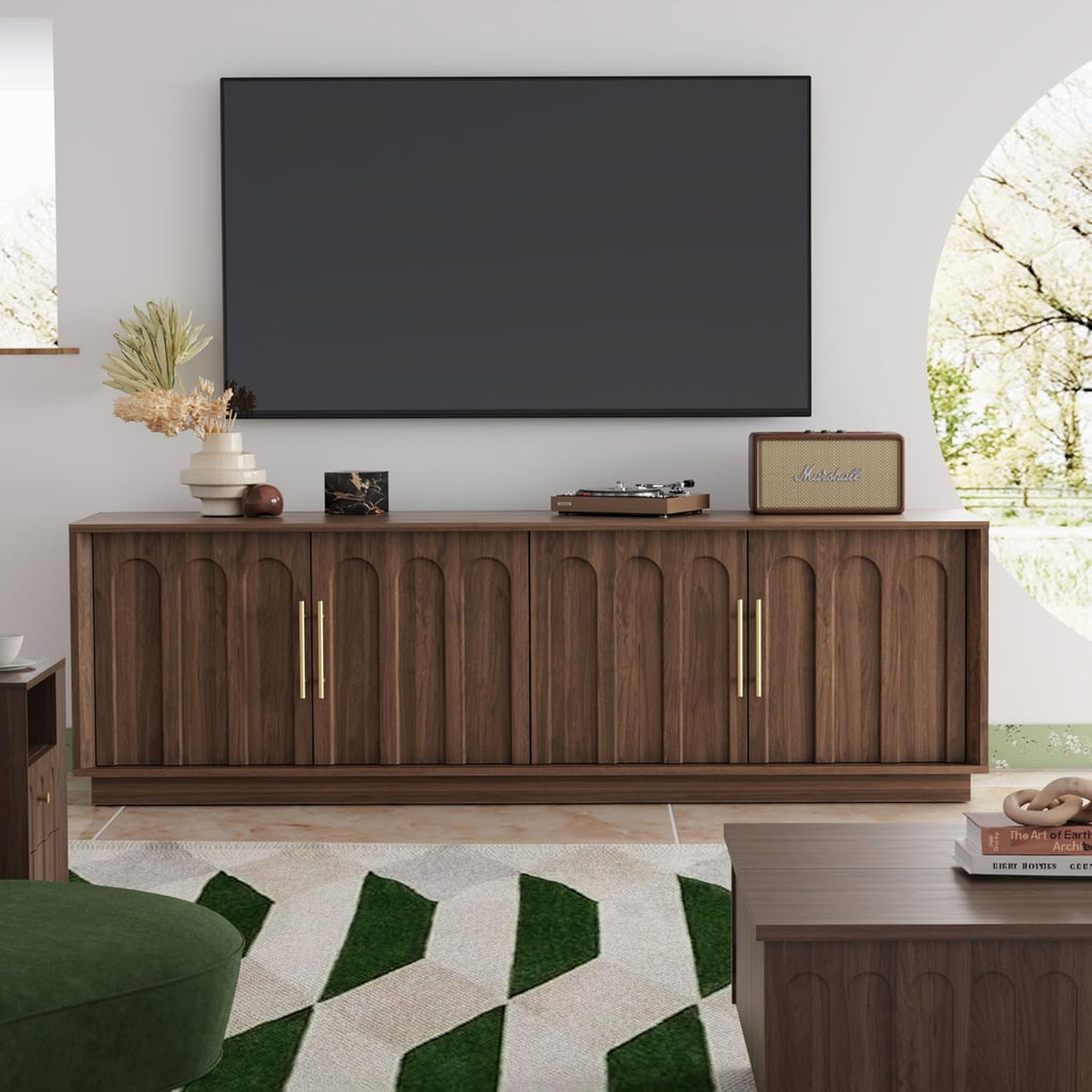 TV Stand for 75 Inch TV, Mid Century Modern TV Stand with Arched Design, Wood Grain Finish, Media Console with Adjustable Shelves, 67" Entertainment Center for Living Room Bedroom, Walnut