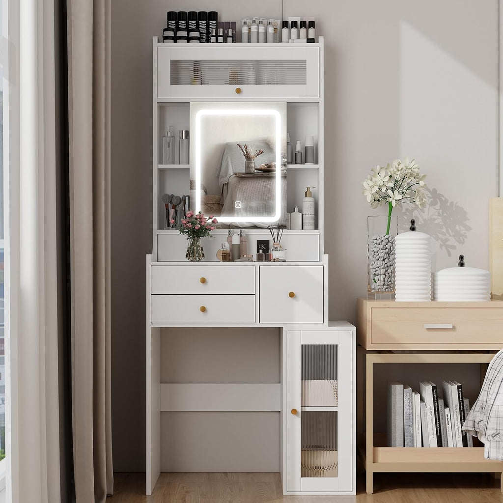 White Mini Vanity Desk with Sliding Mirror Lights and 5 Drawers | Makeup Vanities Set for Small Space,Compact