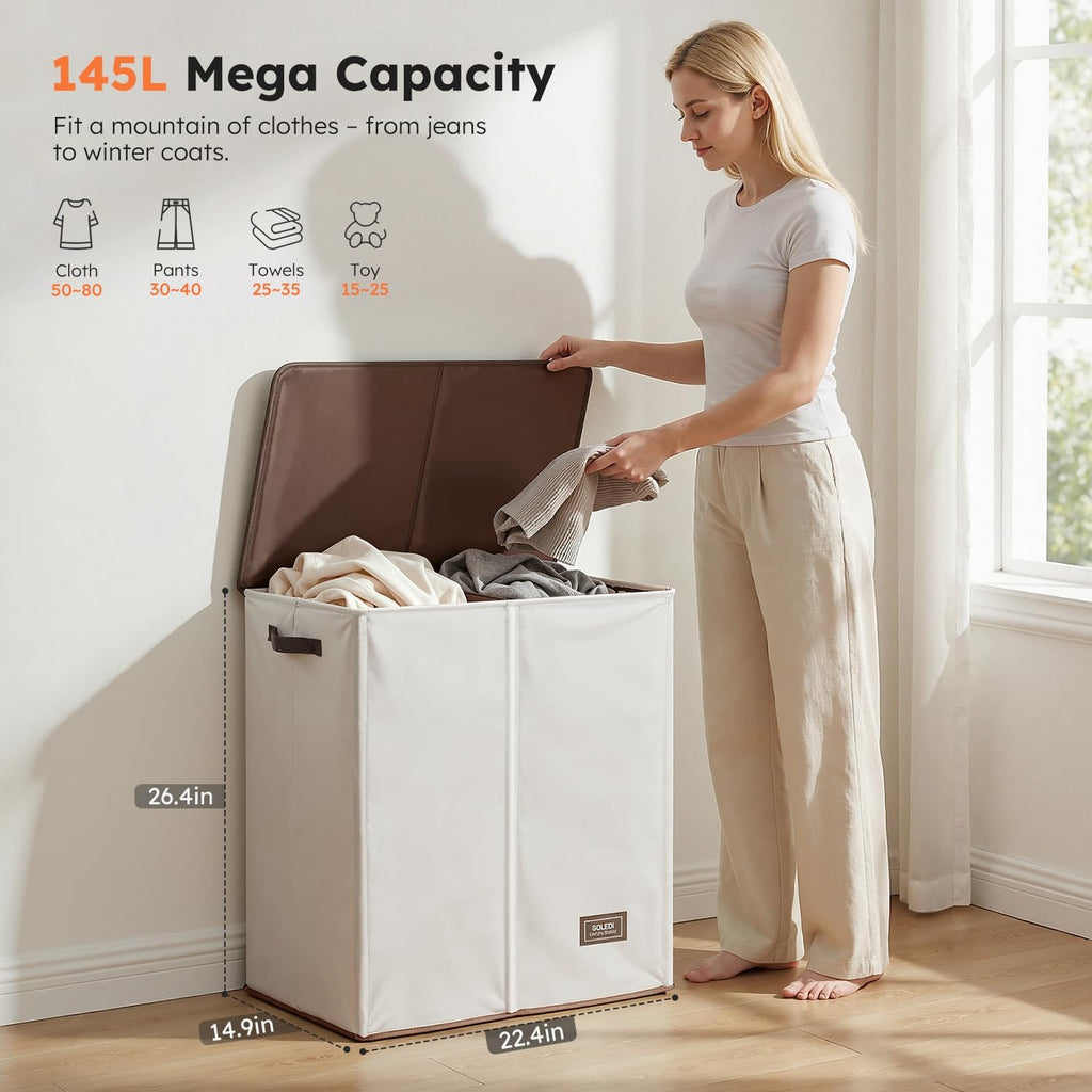 Luxury Double Laundry Hamper with Lid and Removable Bags, 38.3 Gal Large Laundry Bin, Laundry Basket 2 Sections