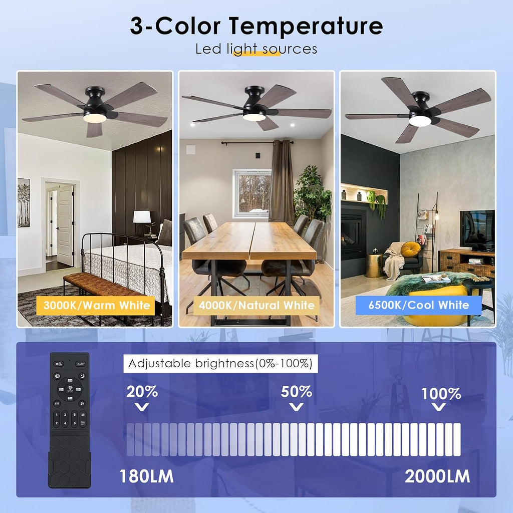 Flush Mount Ceiling Fan with Lights - 52” Indoor/Outdoor Ceiling Fan Light with Remote/APP, Low Profile Modern Fan Light with 6 Speeds, Dimming, for Living Room, Brown