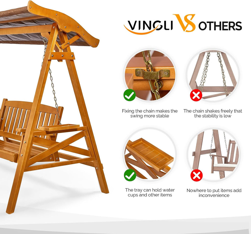 Porch Swing with Stand and Canopy, Waterproof Patio Swing, Brown | Waterproof Canopy; Sturdy Swing Stand; Built-in