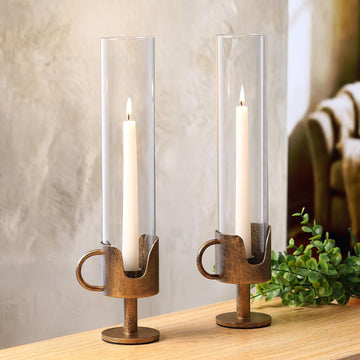 Vintage Cast Iron Hurricane Glass Candle Holder for Taper Candles Set of 2 | Handcrafted Handle Brass Candlestick