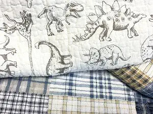 Benjamin Cute Dinosaur Plaid Navy Blue White Grey Bedding Quilt Set 100% Cotton Reversible Coverlet Bedspread Set for