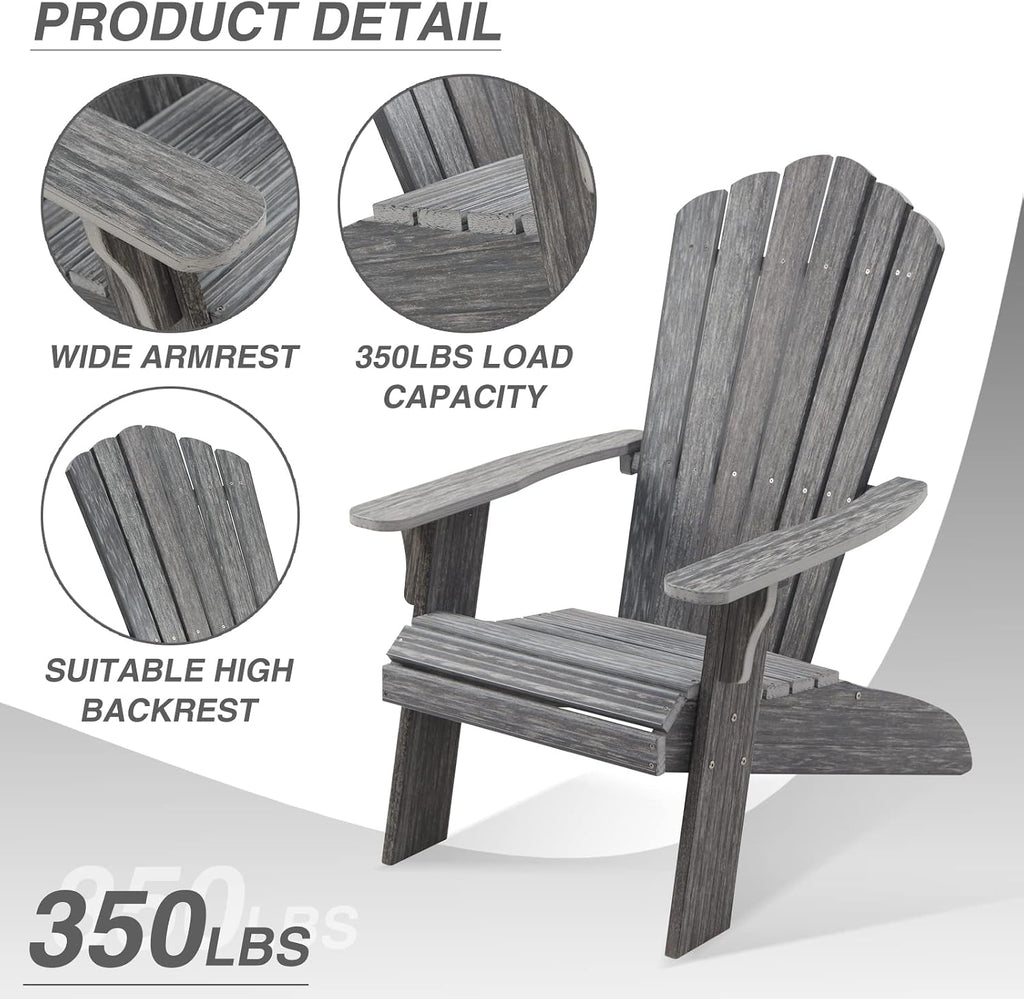 Oversized Adirondack Chair, Grey | Poly Lumber Weather-Resistant Patio Chair with Wide Armrests & High Backrest, Fire